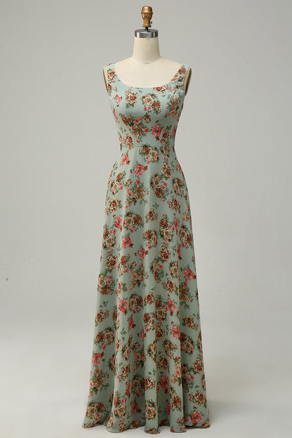 A Line Square Neck Pink Floral Long Bridesmaid Dress with Open Back