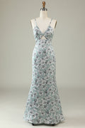 Grey Green Mermaid Floral Bridesmaid Dress