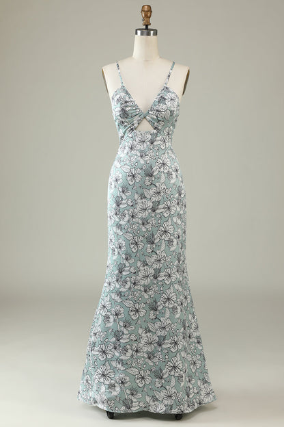 Grey Green Mermaid Floral Bridesmaid Dress
