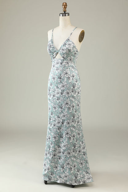 Grey Green Mermaid Floral Bridesmaid Dress