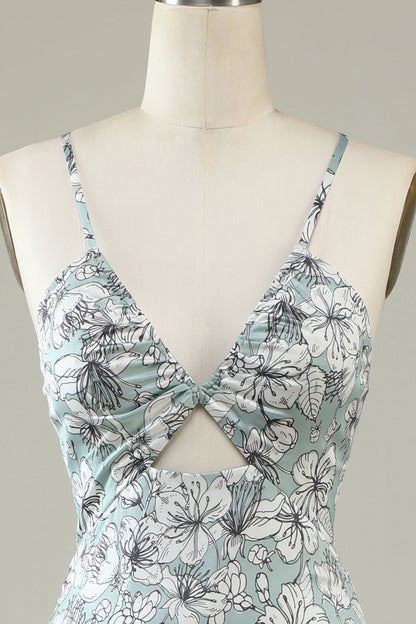Grey Green Mermaid Floral Bridesmaid Dress