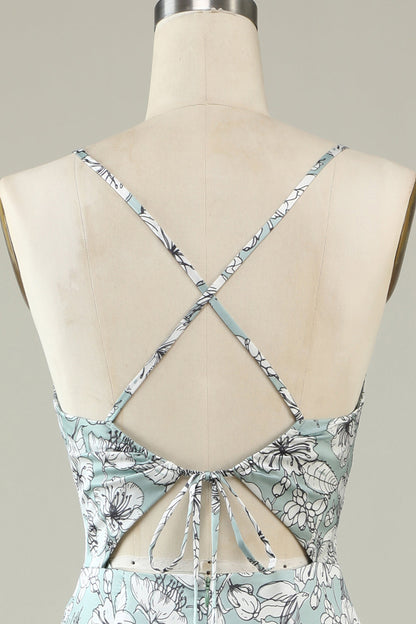 Grey Green Mermaid Floral Bridesmaid Dress