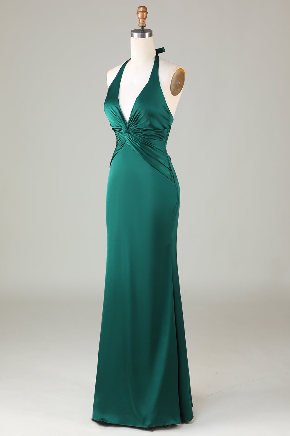 Dusty Sage Satin Sheath Halter Long Bridesmaid Dress
