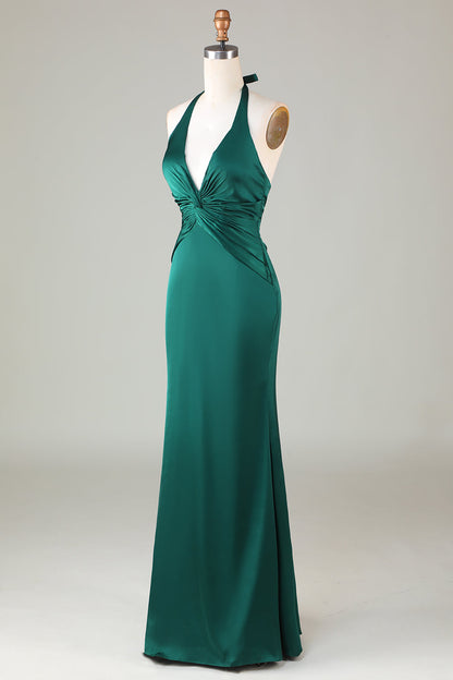 Dusty Sage Satin Sheath Halter Long Bridesmaid Dress