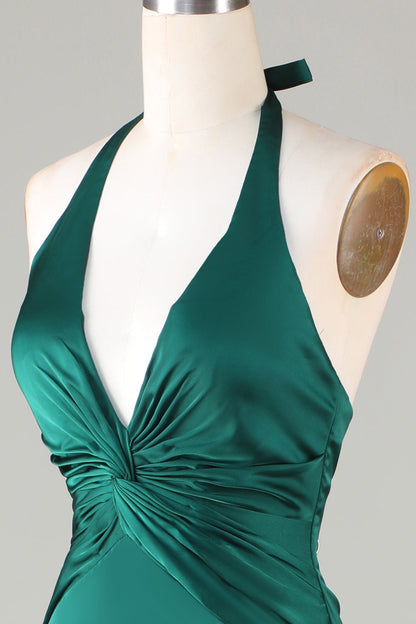 Dusty Sage Satin Sheath Halter Long Bridesmaid Dress
