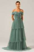 Grey Green Tulle A Line Off the Shoulder Tiered Bridesmaid Dress