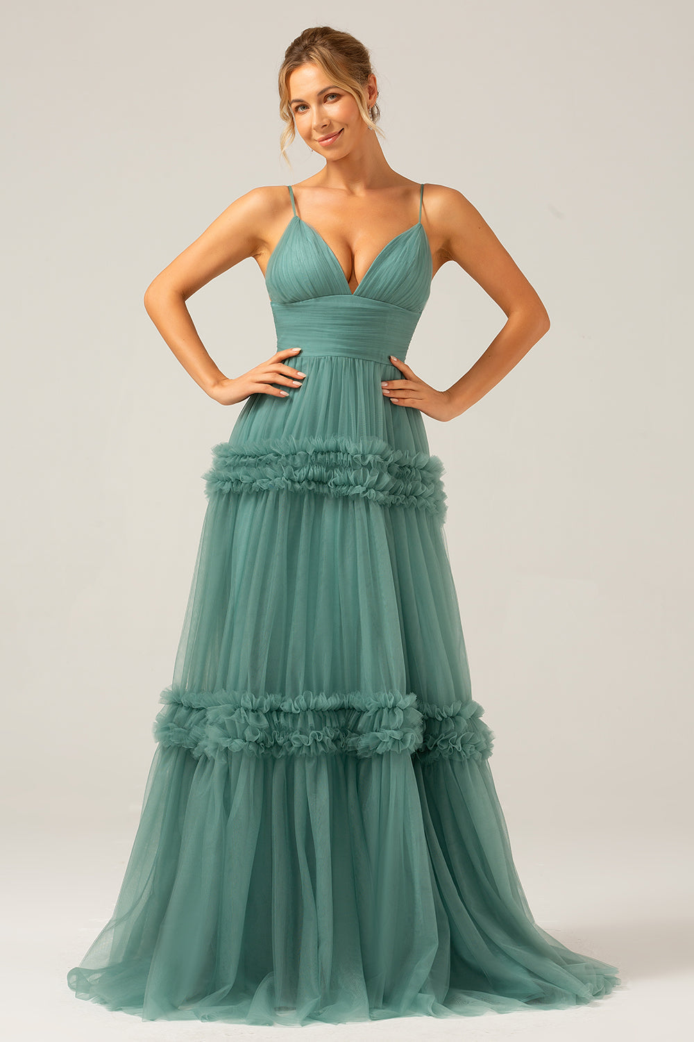 White Blue Flower A Line Long Bridesmaid Dress with Ruffles
