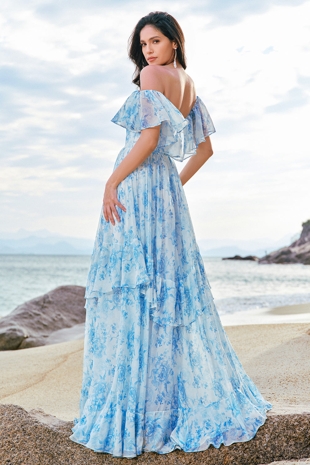 White Blue Floral Off The Shoulder Tiered Long Bridesmaid Dress