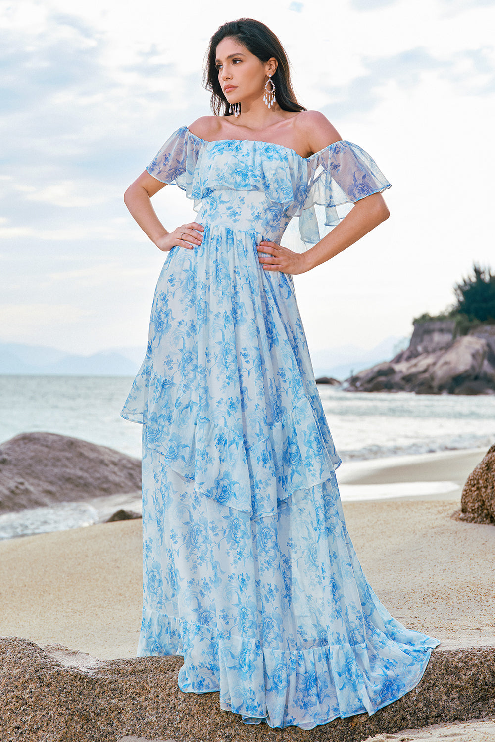 White Blue Floral Off The Shoulder Tiered Long Bridesmaid Dress