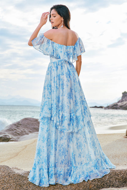White Blue Floral Off The Shoulder Tiered Long Bridesmaid Dress