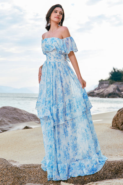 White Blue Floral Off The Shoulder Tiered Long Bridesmaid Dress