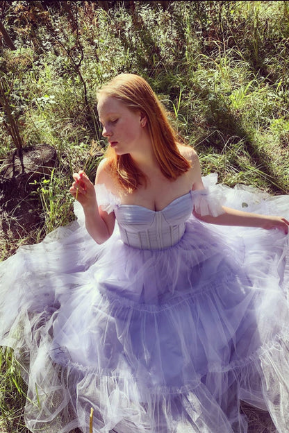 Black Tulle Ruffle Corset Tea Length Dress