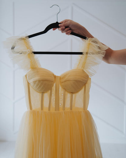 Black Tulle Ruffle Corset Tea Length Dress