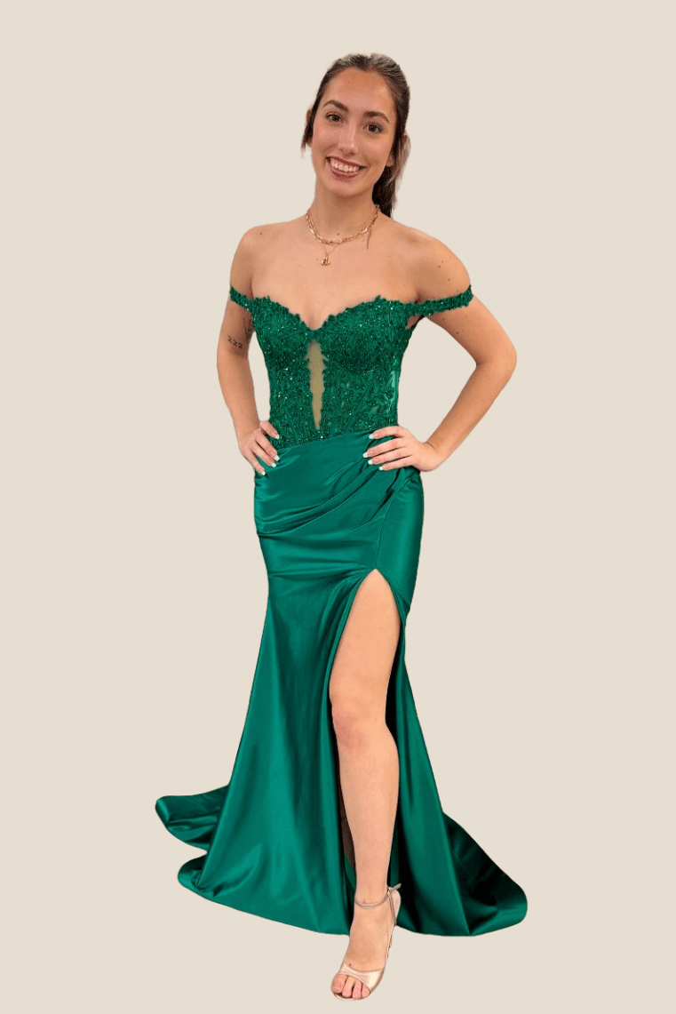 Off Shoulder Sage Appliques Long Dress with Slit