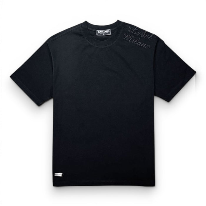 Black Label Milano premium black T-shirt with crew neckline and logo detail, displayed flat on a white background.