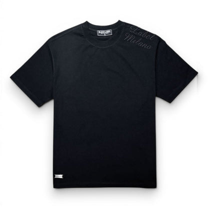 Black Label Milano premium black T-shirt with crew neckline and logo detail, displayed flat on a white background.