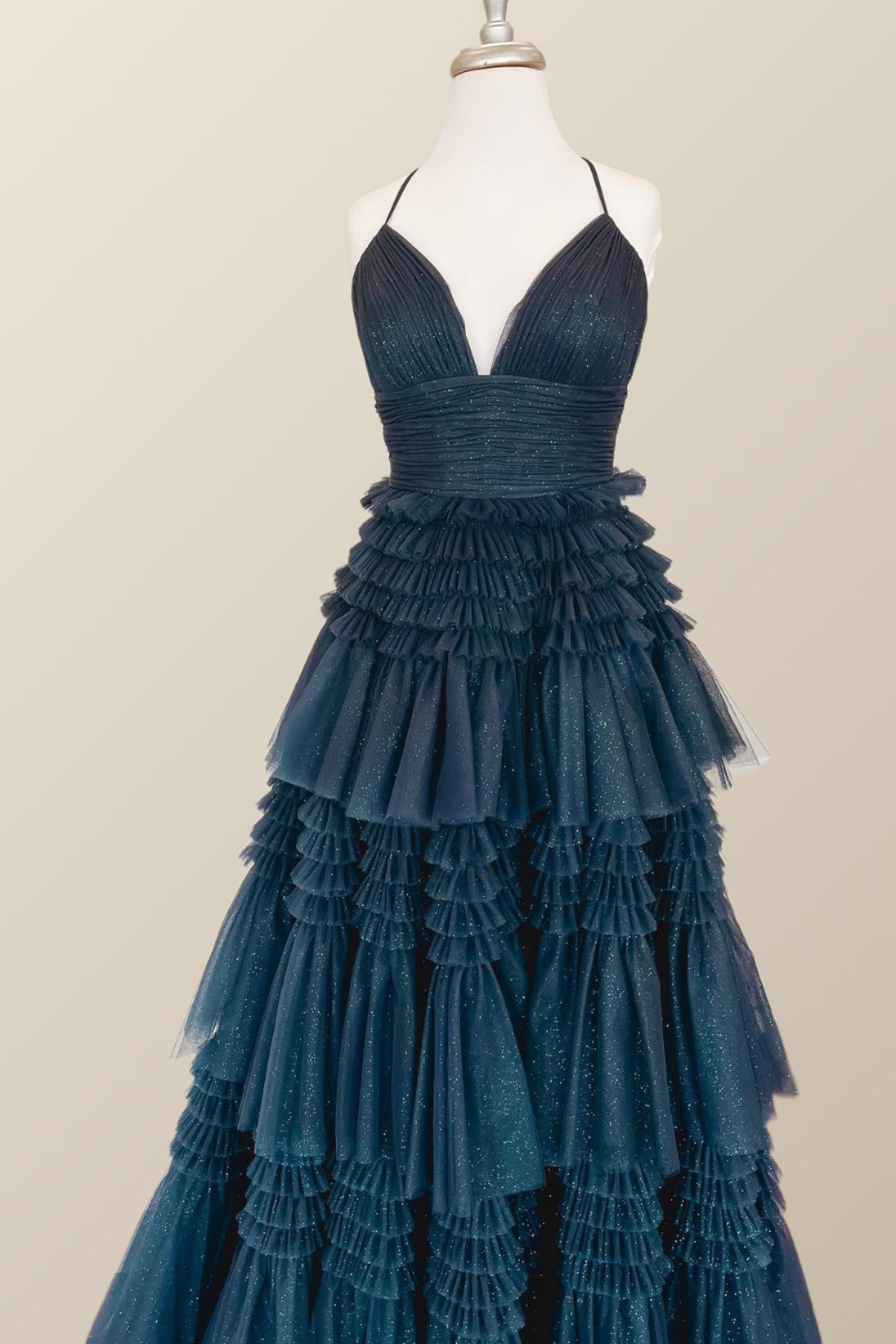 Light Blue Tiered Ruffle Long Ball Gown with Straps