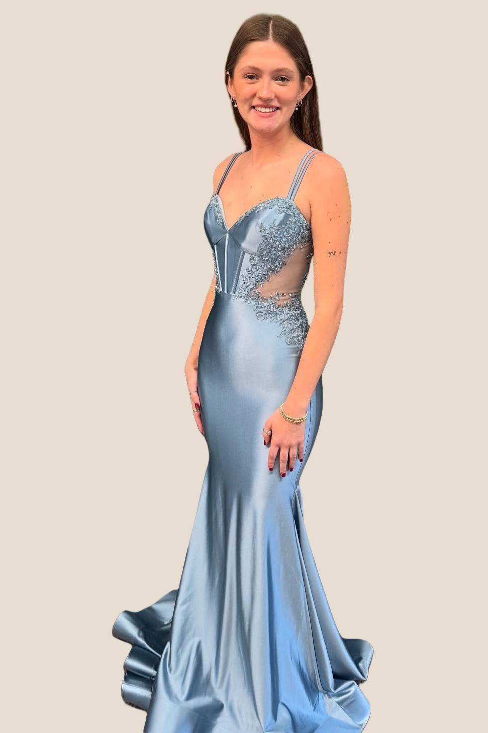 Double Straps Dusty Blue Appliques Long Dress