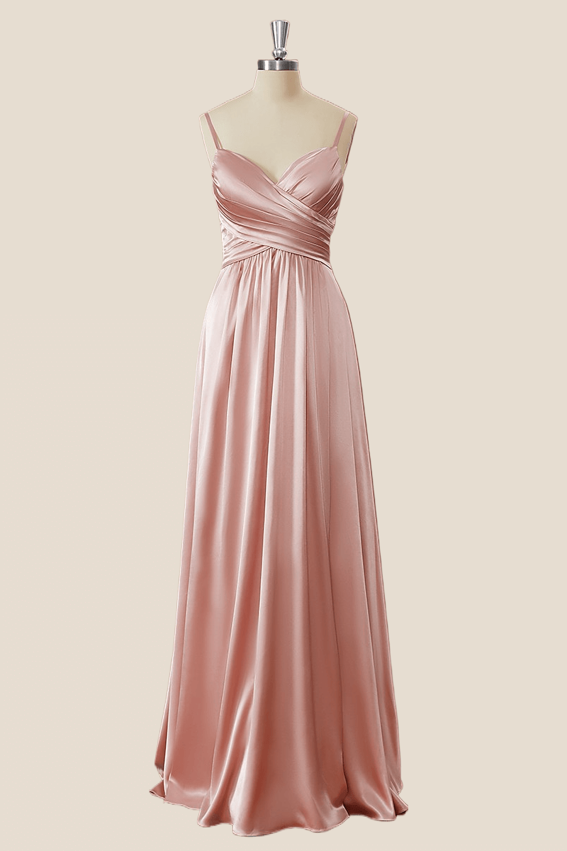 Blush Pink Pleated Satin A-line Long Bridesmaid Dress
