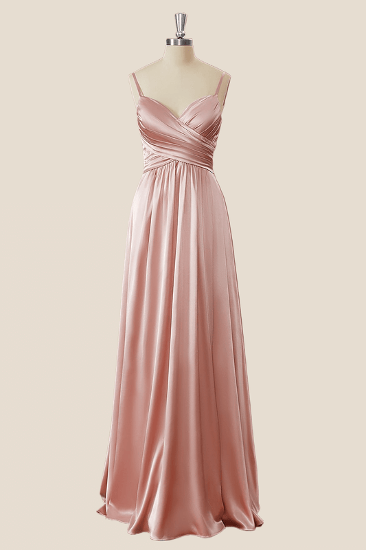 Blush Pink Pleated Satin A-line Long Bridesmaid Dress