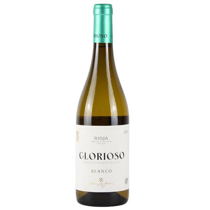 A bottle of Bodegas Palacio, Glorioso Blanco white Rioja wine with a label primarily in green and white colors.