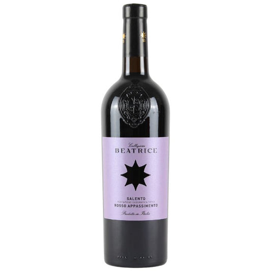 Wine bottle with a purple label featuring a star design on a white background