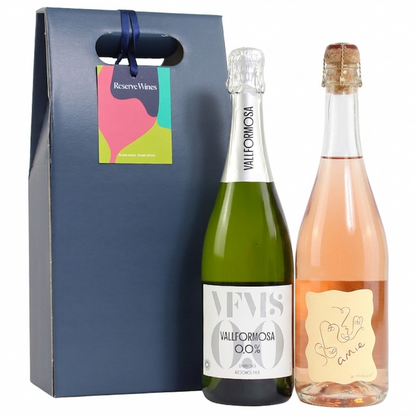 Two bottles of wine, one green and one pink, with a gift box labeled 'Vallformosa' on a white background.