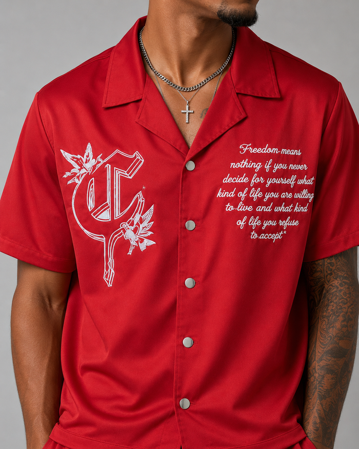 Red Concept LA 'Freedom' nylon button-up shirt, men's casual long-sleeve with front buttons and collar.