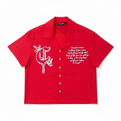 Red Concept LA 'Freedom' nylon button-up shirt shown on a hanger, featuring a classic collar and front button closure.