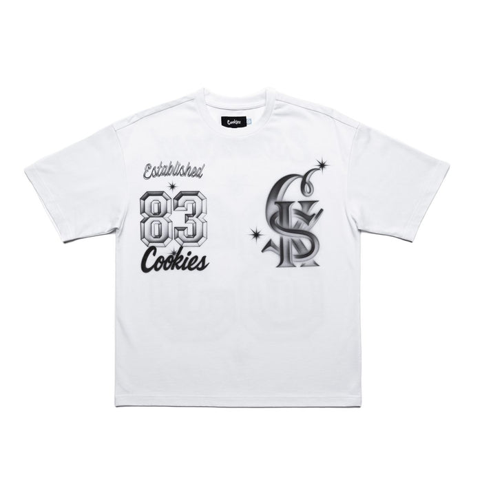 Cookies Draft Day SS Box Knit T-Shirt in white, featuring a classic crew neck and graphic design on the front.