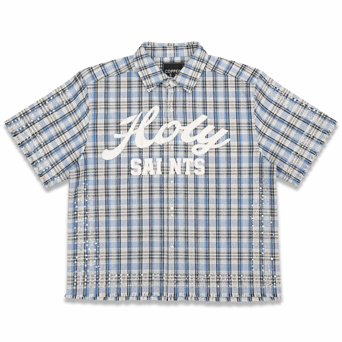 Copper Rivet Fray Holy Saint short sleeve T-shirt in blue with stone accents, featuring a distinctive design and casual fit.