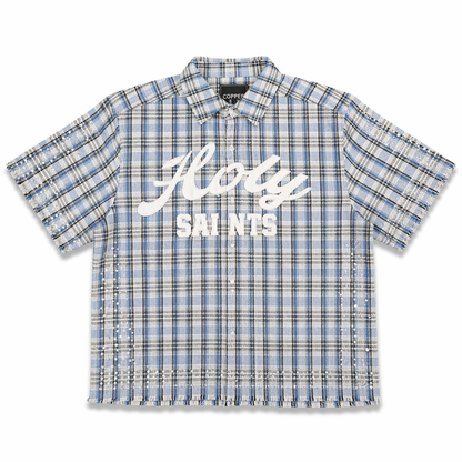 Copper Rivet Fray Holy Saint short sleeve T-shirt in blue with stone accents, featuring a distinctive design and casual fit.