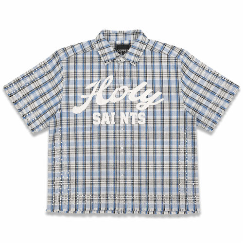 Copper Rivet Fray Holy Saint short sleeve T-shirt in blue with stone accents, featuring a distinctive design and casual fit.