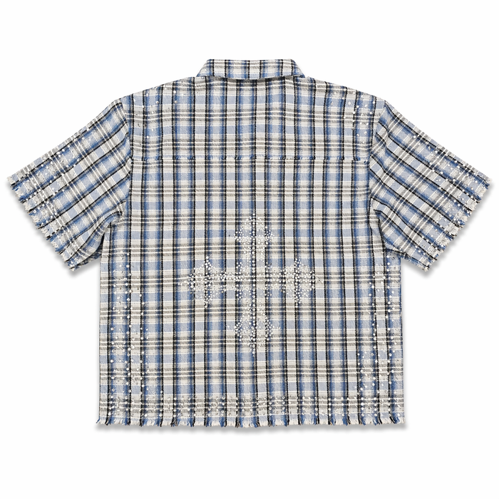 Copper Rivet Fray Holy Saint short sleeve T-shirt with blue stones and graphic design, featuring a casual fit and vibrant style.