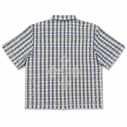 Copper Rivet Fray Holy Saint short sleeve T-shirt with blue stones and graphic design, featuring a casual fit and vibrant style.