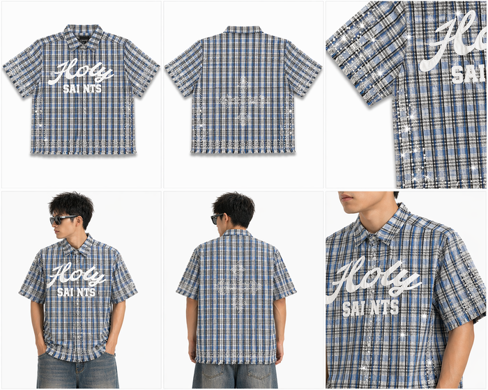 Copper Rivet Fray Holy Saint short sleeve shirt featuring blue stones and detailed design on the front.