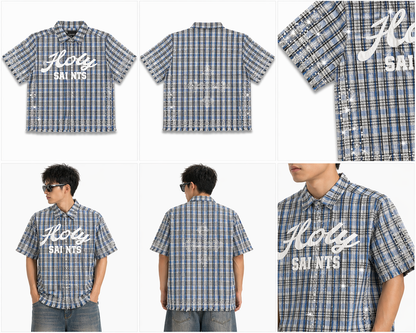 Copper Rivet Fray Holy Saint short sleeve shirt featuring blue stones and detailed design on the front.