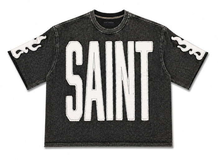 Copper Rivet men's black Saint French Terry acid wash oversized crop T-shirt with a casual, relaxed fit and distressed style.