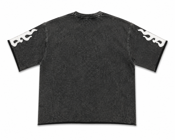 Copper Rivet men's black Saint French Terry acid wash oversize crop T-shirt, casual fit with distressed style.