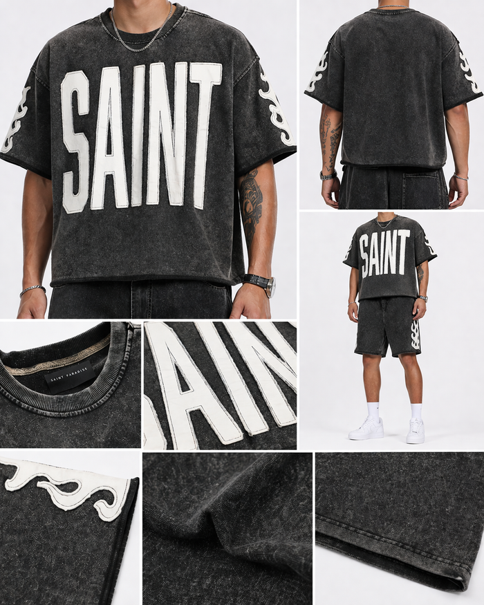 Copper Rivet men's black Saint French Terry acid wash oversize crop T-shirt with short sleeves and distressed finish.