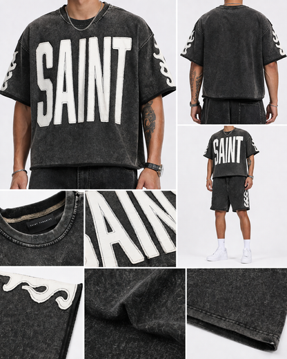 Copper Rivet men's black Saint French Terry acid wash oversize crop T-shirt with short sleeves and distressed finish.