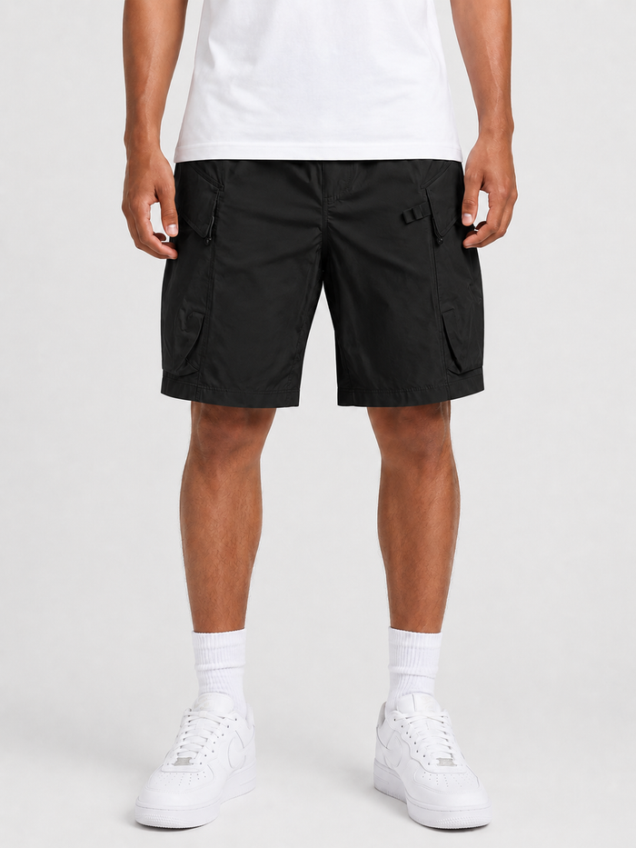Black Copper Rivet men's span twill shorts with a relaxed fit, featuring rivet detailing and a casual, stylish design.