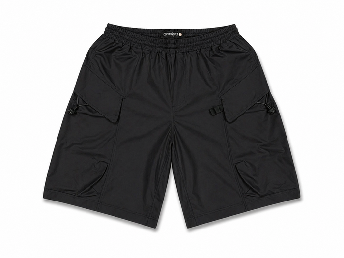 Copper Rivet men's black span twill shorts featuring a classic fit and copper rivet details, shown laid flat.