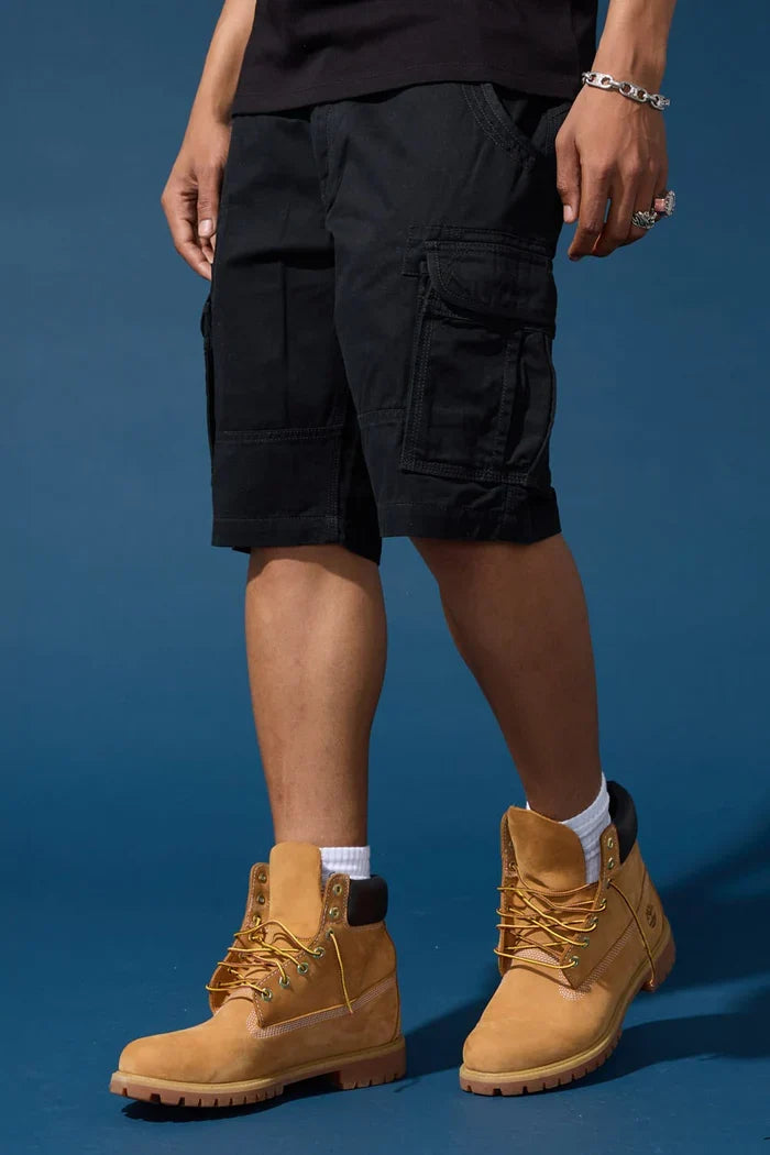 Black Jordan Craig Xavier cargo shorts featuring multiple pockets and a relaxed fit, perfect for casual wear.