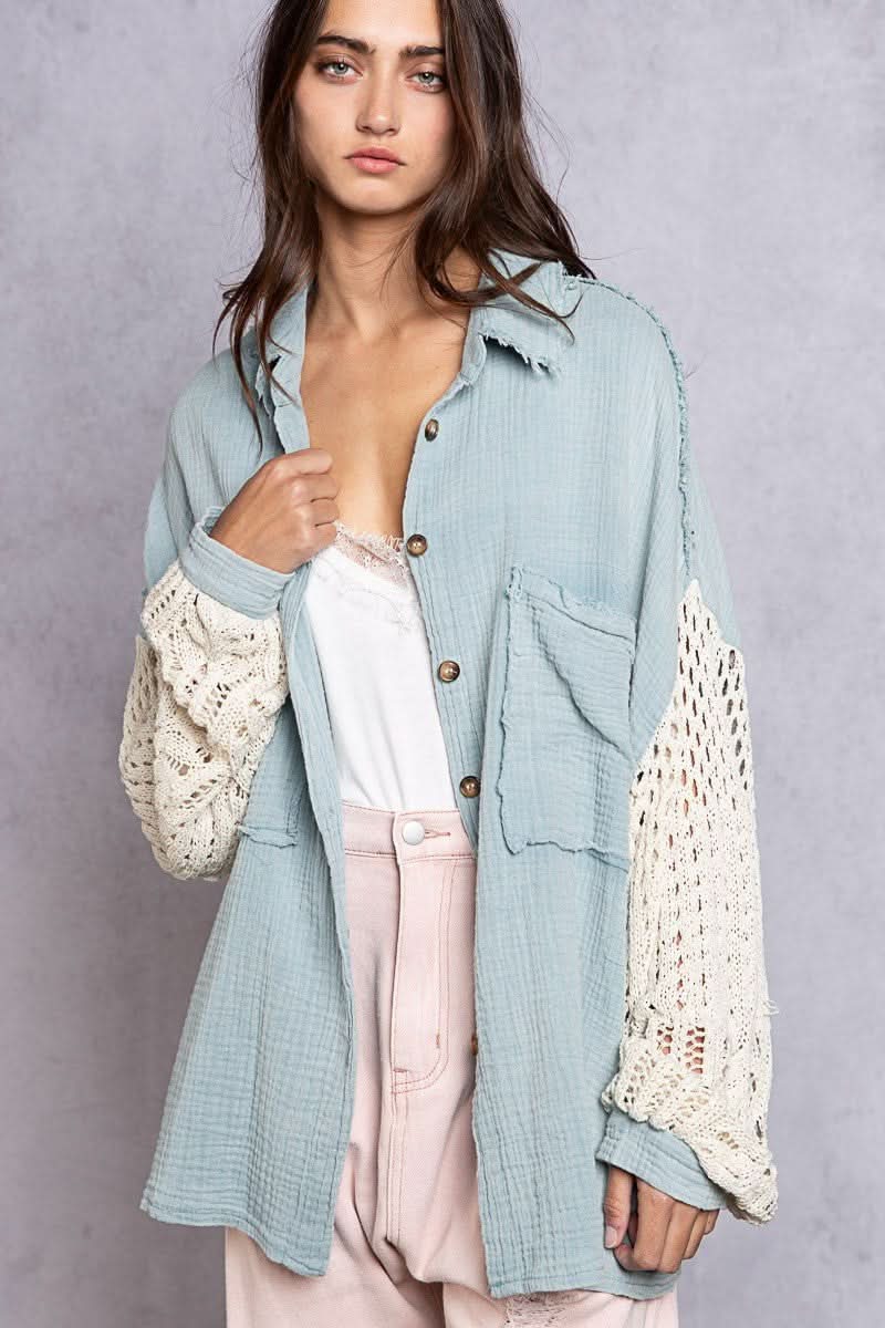 Lesley Light Blue Crochet Sleeve Shacket