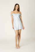 Cyndi Light Blue Satin Off-The-Shoulder Mini Dress