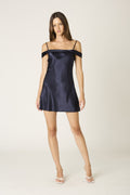Cyndi Navy Satin Off-The-Shoulder Mini Dress