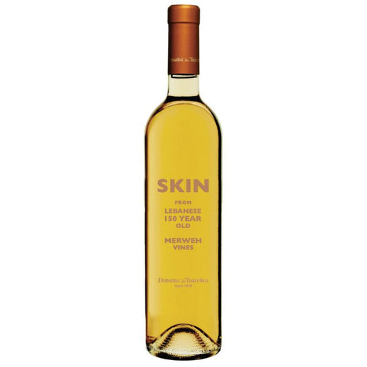 A bottle of Domaine des Tourelles Skin 2023 wine with a yellow label, showcasing the brand name and the grape variety 'Merweh'.