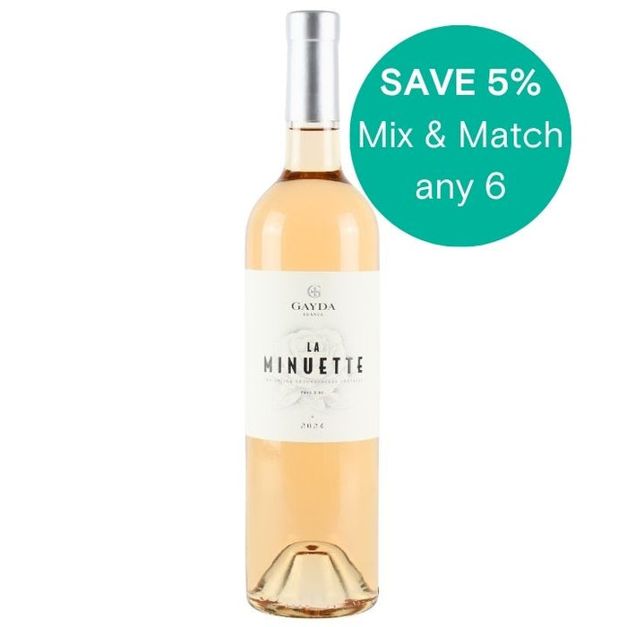 Bottle of 'La Minuette' wine with a promotional text overlay 'Save 5% mix and match any 6' on a white background