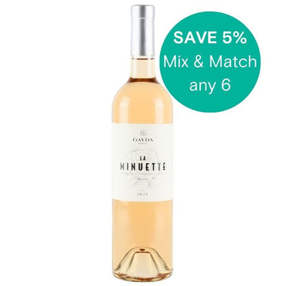 Bottle of 'La Minuette' wine with a promotional text overlay 'Save 5% mix and match any 6' on a white background